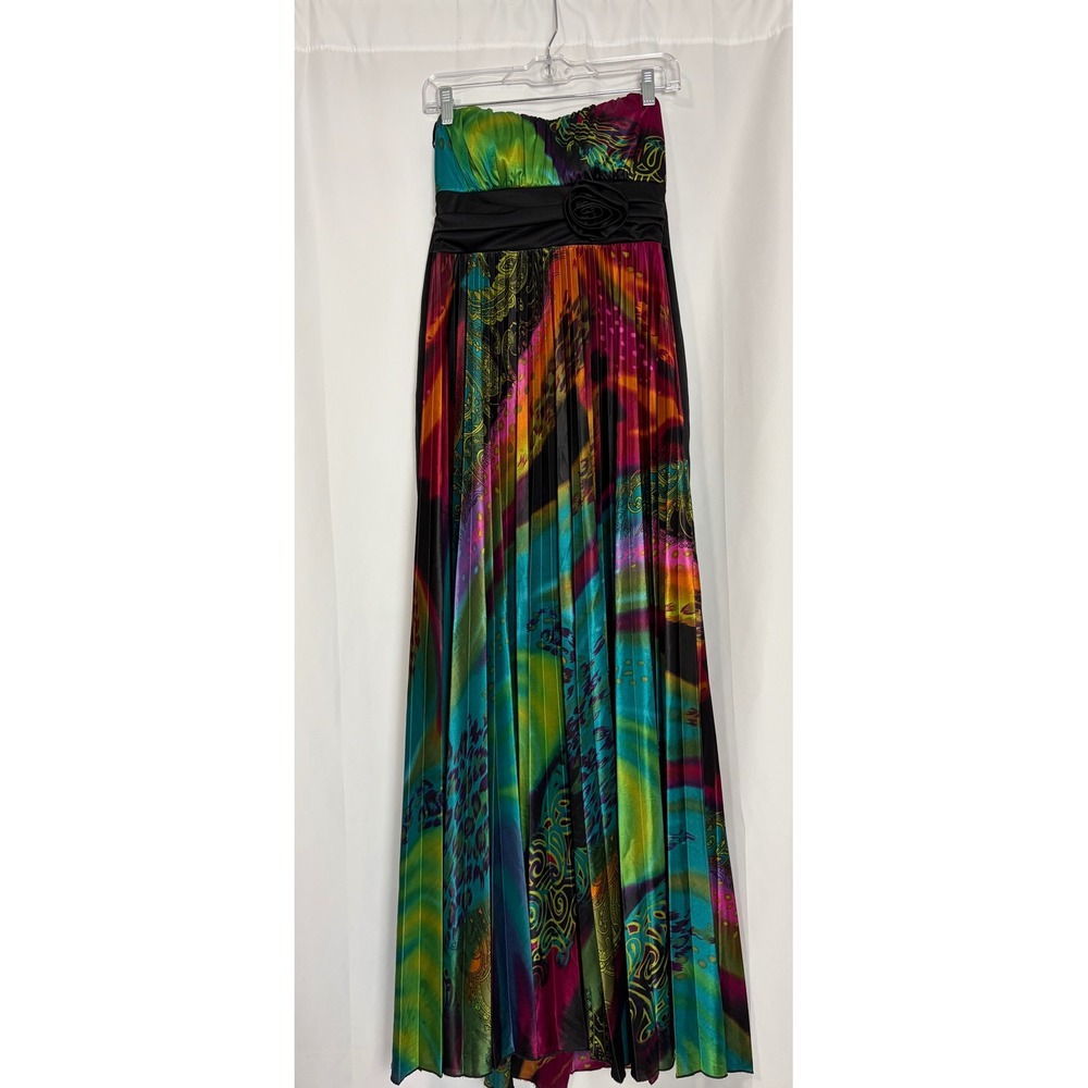 Strapless Hoco Y2K Pleated Maxi Dress Multi-Color Paisley Rosette Women's Size M